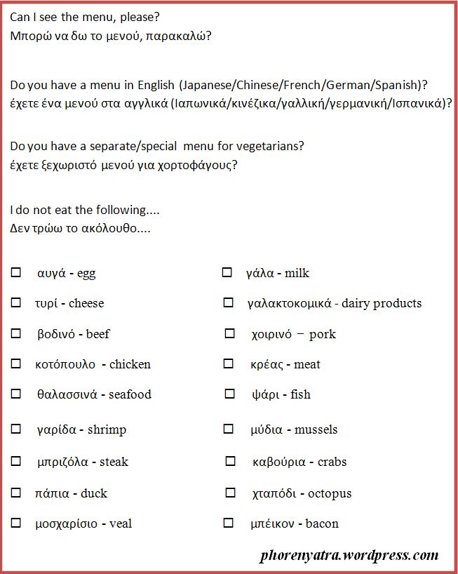 Greece food translation sheet